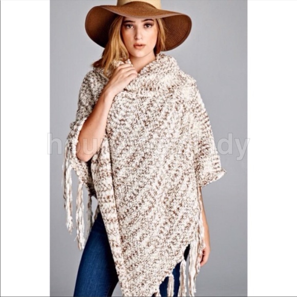 LAST ONE❤️Coffee & Cream Cowl Neck Fringed Poncho - Picture 3 of 4